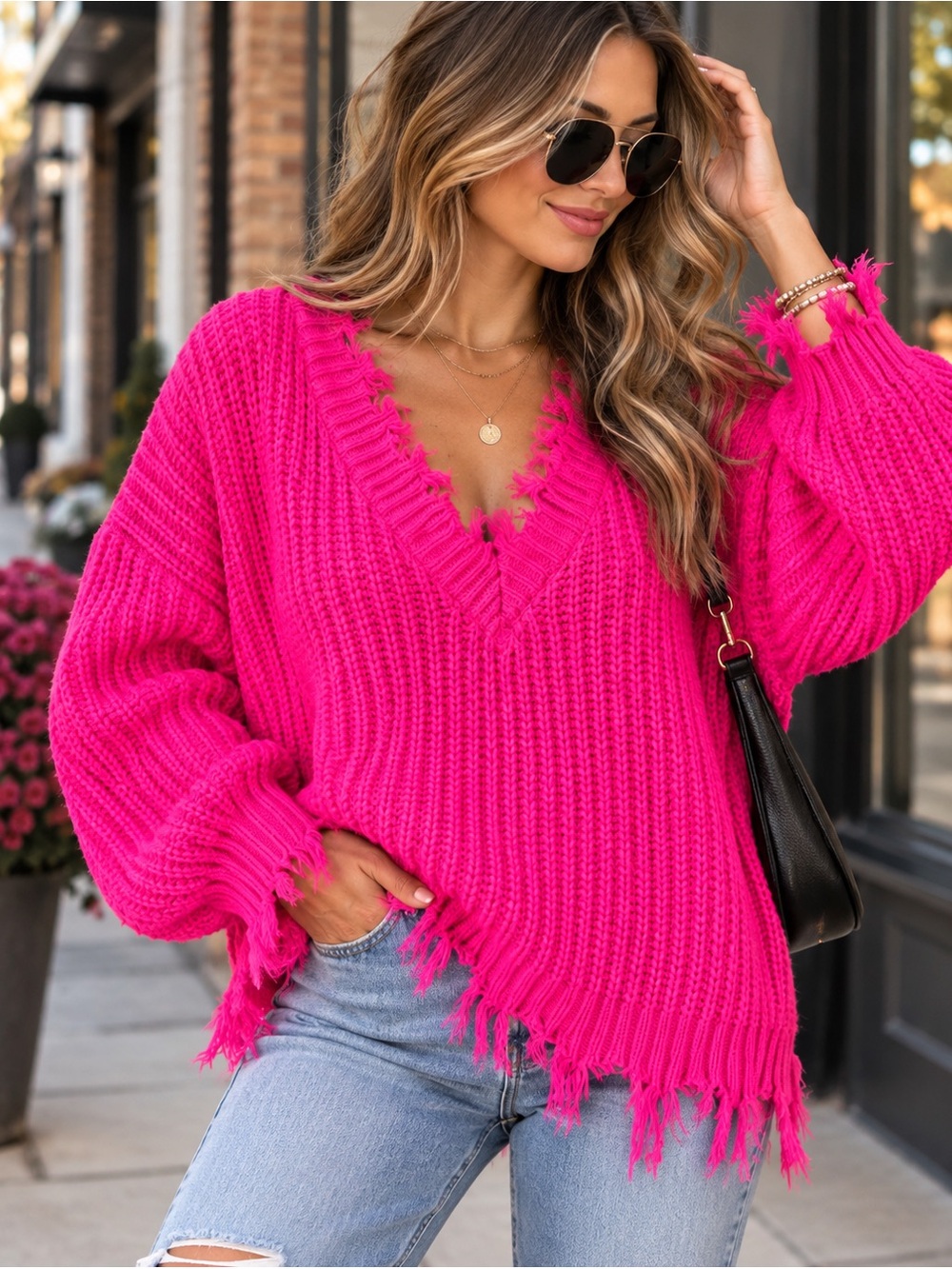Neon Pink Distressed Chunky Knit Oversized V Neck Sweater